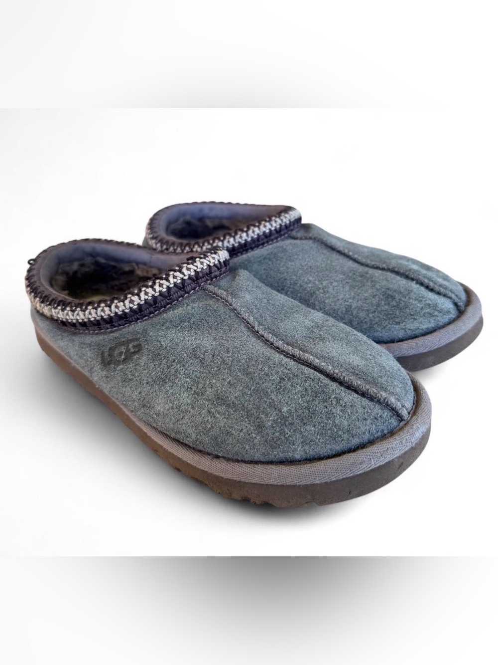 UGG Blue Gray Suede Sheepskin Mule Slippers Cozy House Shoes est. size 7/7.5